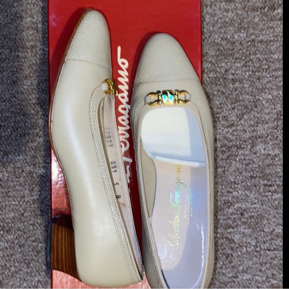 Salvatore Ferragamo Beige Heels with Gold Accents